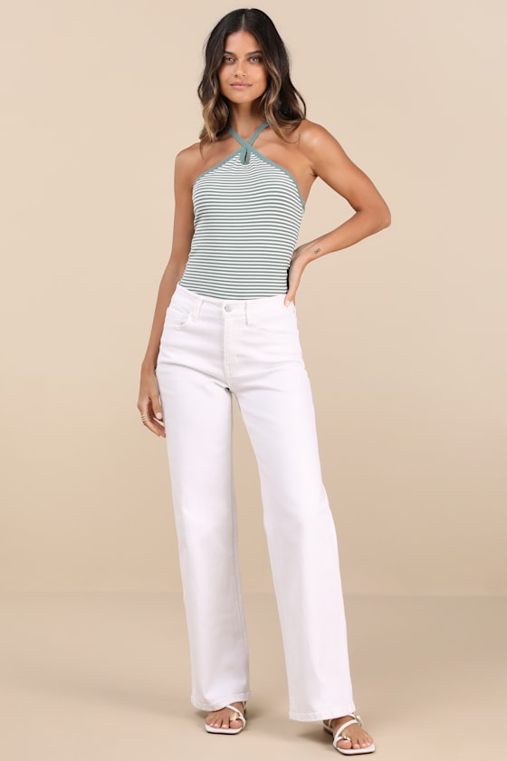 Delightful Pose Sage Striped Ribbed Knit Keyhole Halter Top