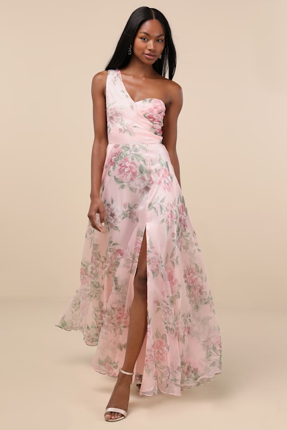 Truly Extraordinary Pink Floral Organza One-Shoulder Maxi Dress