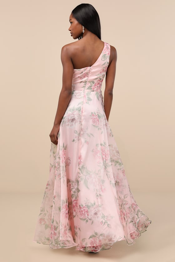 Truly Extraordinary Pink Floral Organza One-Shoulder Maxi Dress