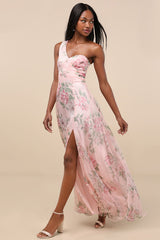 Truly Extraordinary Pink Floral Organza One-Shoulder Maxi Dress