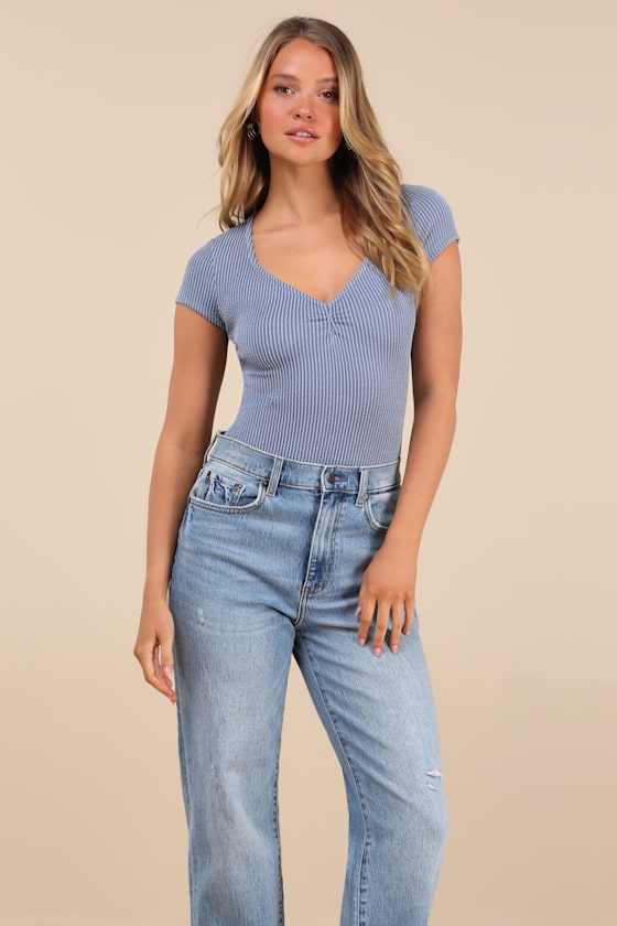 Required Style Dusty Blue Textured Ribbed Ruched Bodysuit