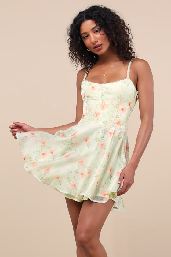 Armelle Light Green Floral Lace-Up Mini Dress