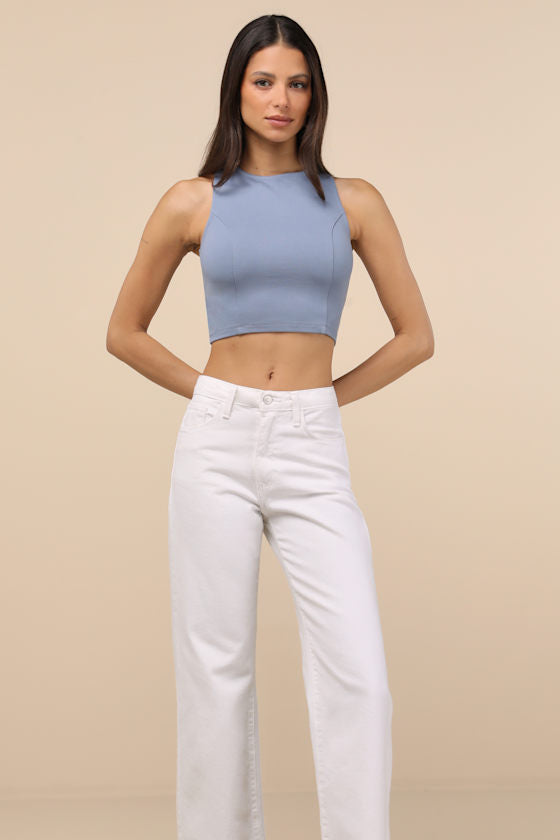 Let's Tie It Slate Blue Tie-Back Cropped Tank Top