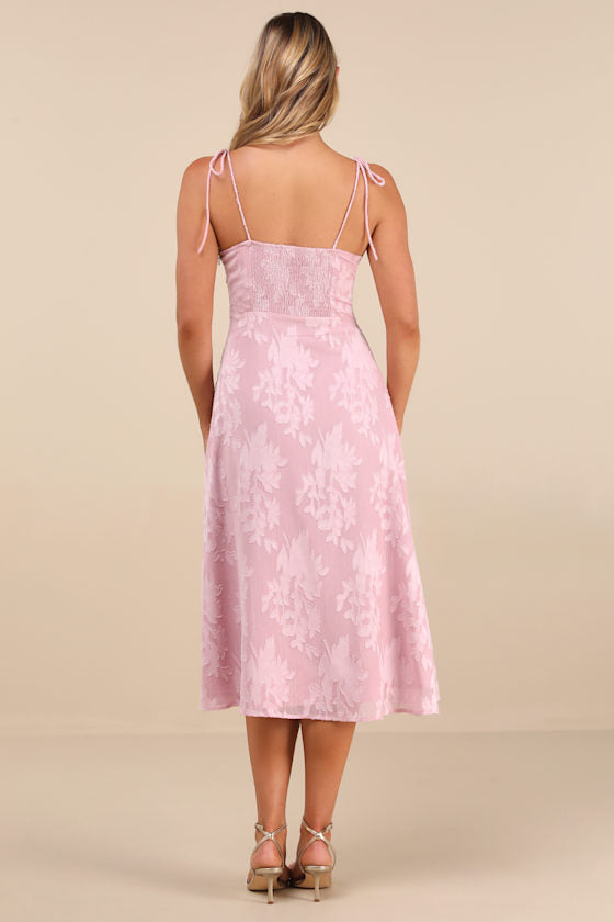 Loveliest Looks Blush Pink Floral Jacquard Tie-Strap Midi Dress