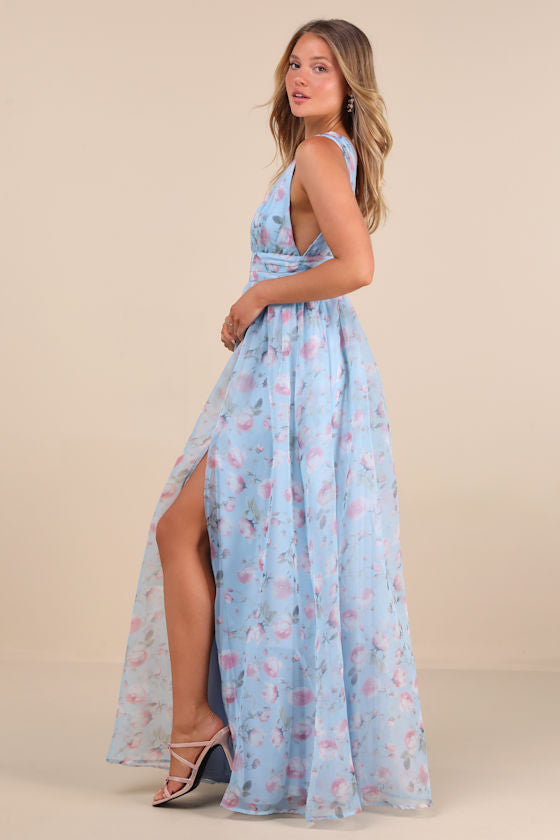 Garden Romance Light Blue Floral Print Organza Maxi Dress