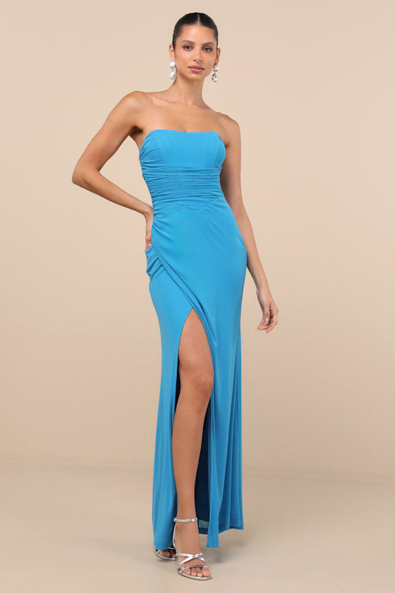 Epitome of Allure Bright Blue Mesh Strapless Ruched Maxi Dress