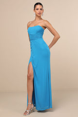 Epitome of Allure Bright Blue Mesh Strapless Ruched Maxi Dress