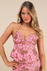 Quintessa Pink Floral Crochet Lace Backless Halter Top