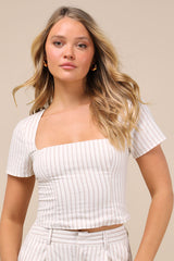 Danai Ivory and Beige Striped Short Sleeve Crop Top