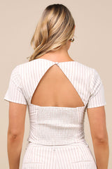 Danai Ivory and Beige Striped Short Sleeve Crop Top