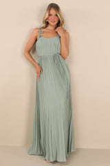 Hera Sage Pleated Floral Applique Maxi Dress