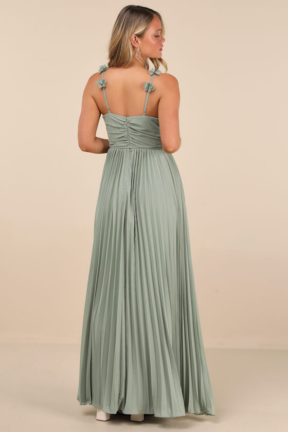 Hera Sage Pleated Floral Applique Maxi Dress