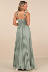 Hera Sage Pleated Floral Applique Maxi Dress