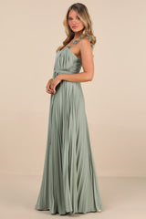 Hera Sage Pleated Floral Applique Maxi Dress