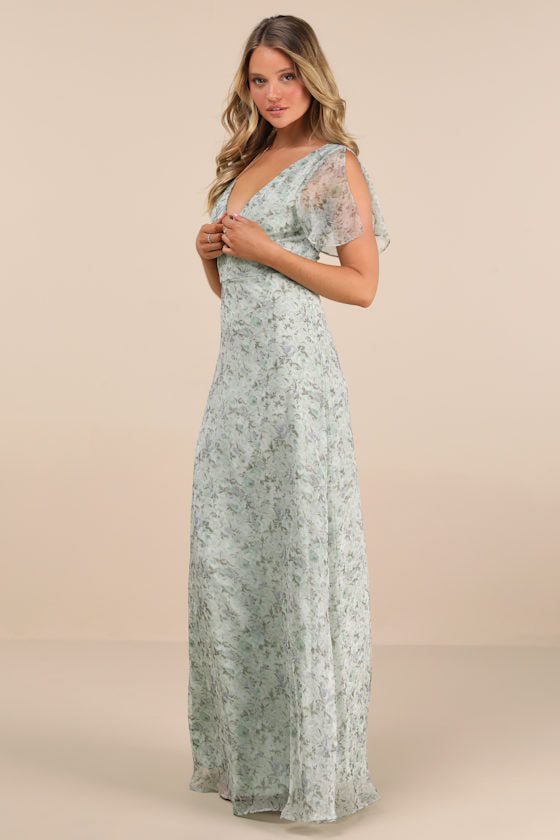 Dreamiest Desires Sage Green Floral Flutter Sleeve Maxi Dress