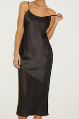 Drew Black Satin and Chiffon Midi Slip Dress