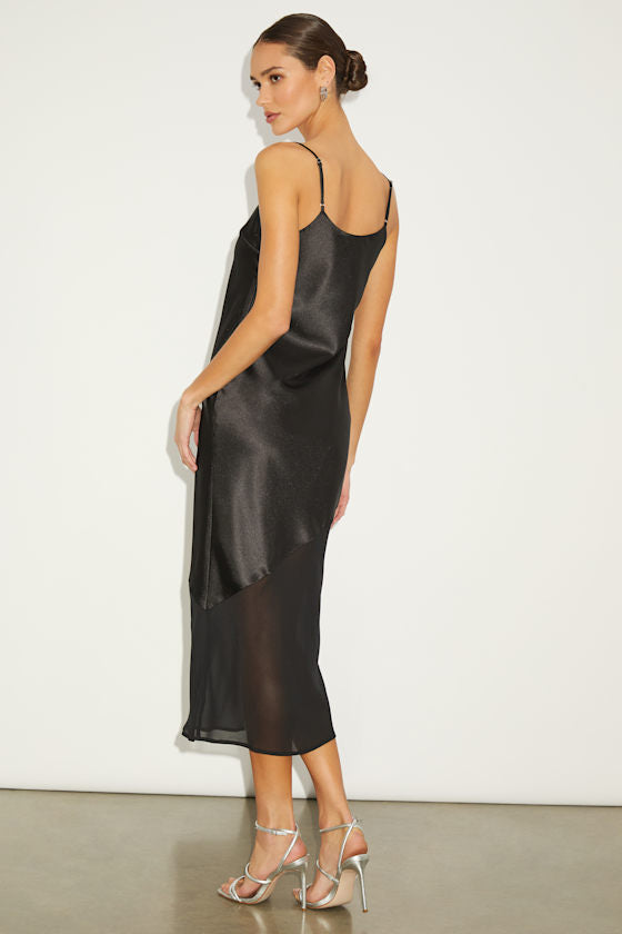 Drew Black Satin and Chiffon Midi Slip Dress