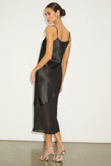 Drew Black Satin and Chiffon Midi Slip Dress