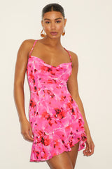 Cina Hot Pink Floral Lace-Up Mini Dress