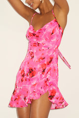 Cina Hot Pink Floral Lace-Up Mini Dress