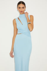 Kamara Light Blue Mesh Cutout Knotted Midi Dress