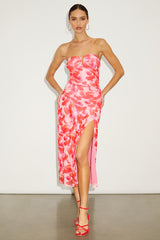 Chania Pink Multi Abstract Strapless Midi Dess