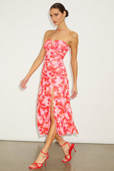 Chania Pink Multi Abstract Strapless Midi Dess