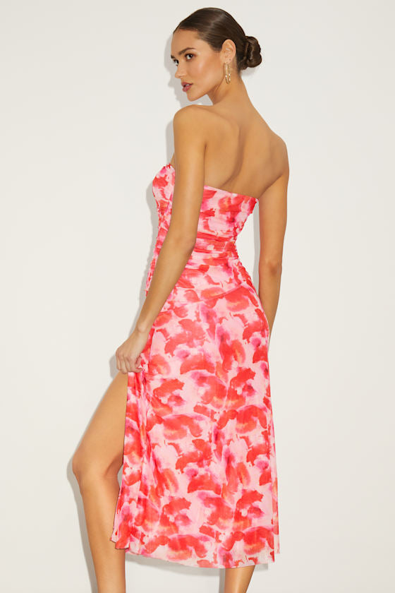 Chania Pink Multi Abstract Strapless Midi Dess