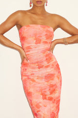 Late Night Crush Orange Multi Mesh Ruched Strapless Midi Dress