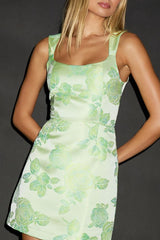 Brighter Side Light Green Floral Satin Jacquard Mini Dress