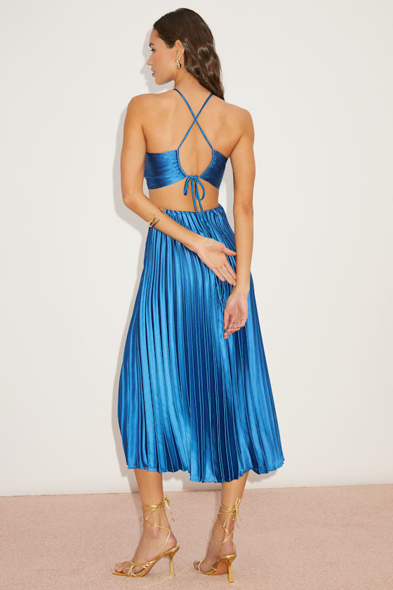Aerin Blue Satin Pleated Cutout Midi Dress