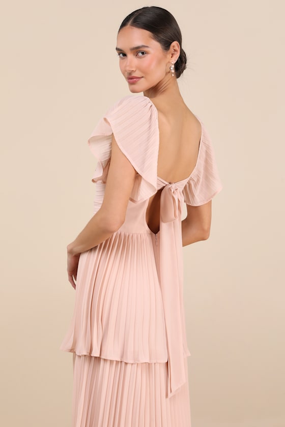 Notorious Charm Blush Pleated Flutter Sleeve Maxi Dress
