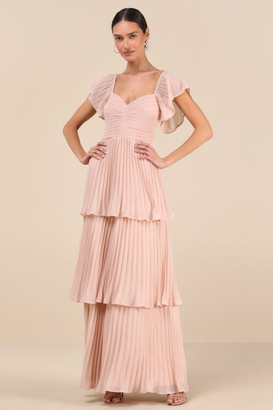 Notorious Charm Blush Pleated Flutter Sleeve Maxi Dress