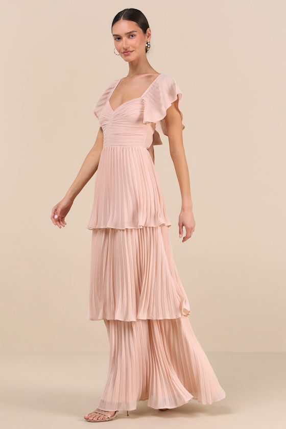 Notorious Charm Blush Pleated Flutter Sleeve Maxi Dress
