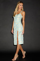 Immaculate Chicness Mint Blue Floral Brocade Midi Dress