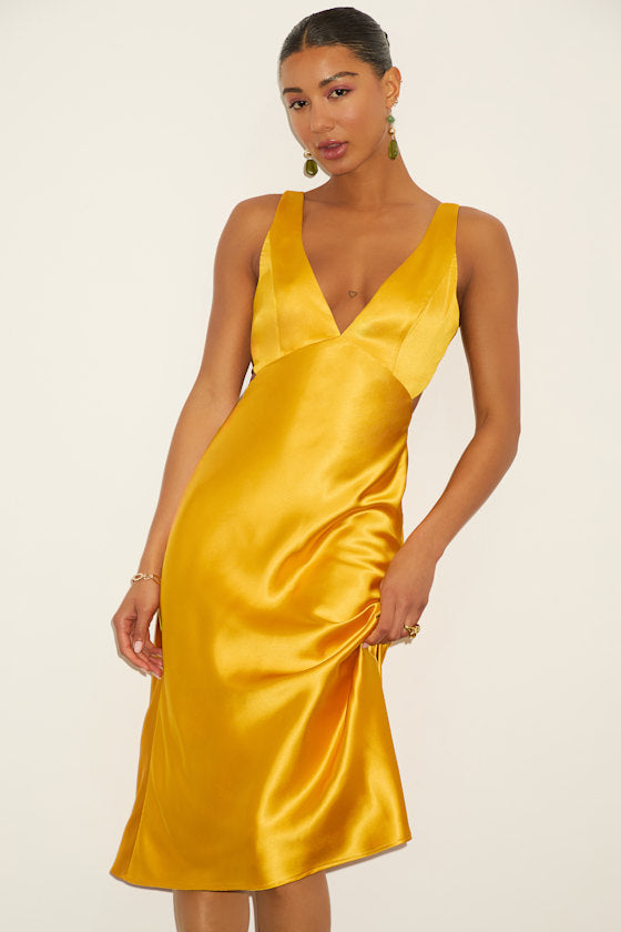 Unmatched Elegance Golden Yellow Satin Sleeveless Midi Dress