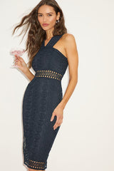 Cocktail Ready Navy Blue Crochet Lace Midi Dress