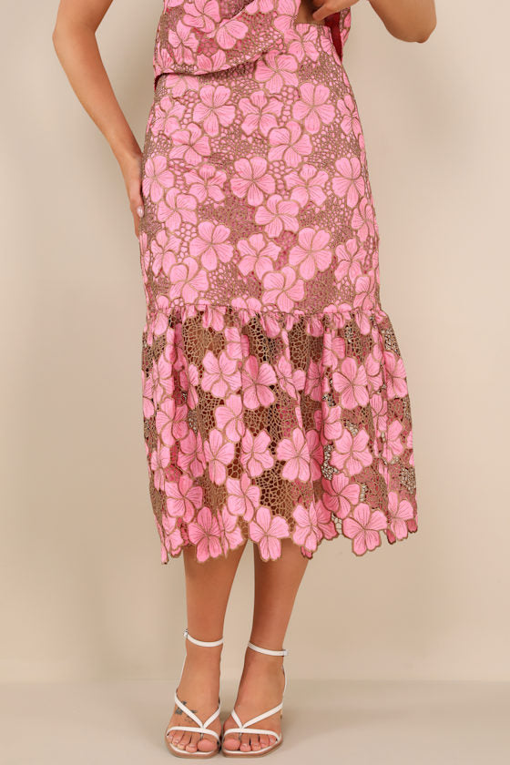 Quintessa Pink Floral Crochet Lace Tiered Midi Skirt