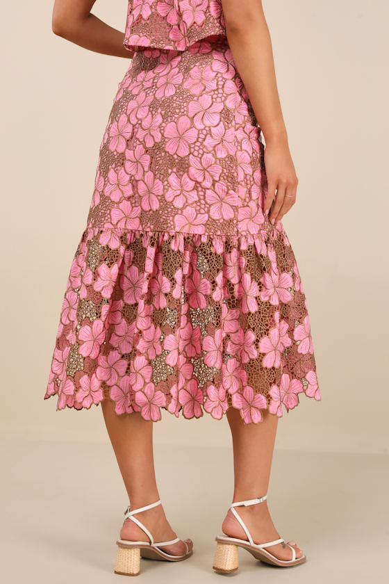 Quintessa Pink Floral Crochet Lace Tiered Midi Skirt