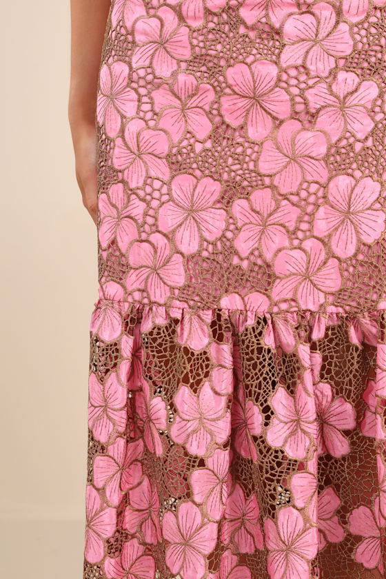 Quintessa Pink Floral Crochet Lace Tiered Midi Skirt