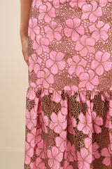 Quintessa Pink Floral Crochet Lace Tiered Midi Skirt