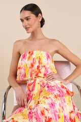 Nessa Yellow and Pink Abstract Plisse Tiered Midi Dress