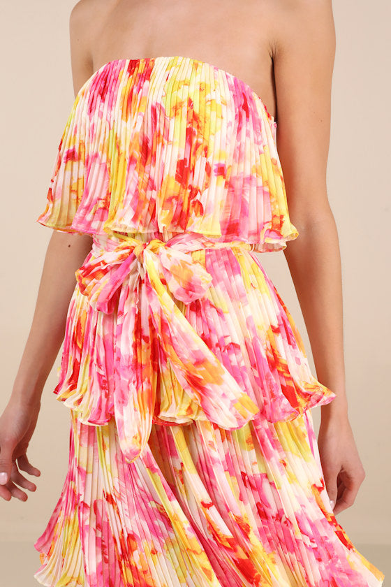Nessa Yellow and Pink Abstract Plisse Tiered Midi Dress