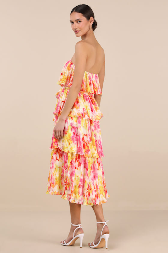 Nessa Yellow and Pink Abstract Plisse Tiered Midi Dress