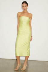 Gorgeous Reputation Lime Green Strapless Ruched Midi Dress