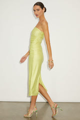 Gorgeous Reputation Lime Green Strapless Ruched Midi Dress