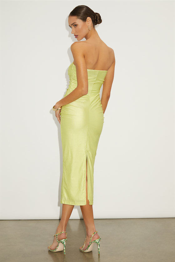 Gorgeous Reputation Lime Green Strapless Ruched Midi Dress