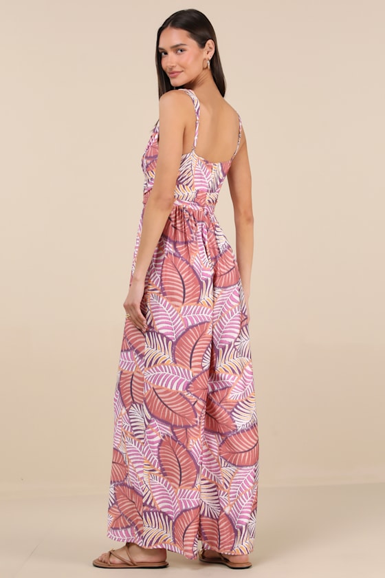 Emlyn Rose Pink Multi Leaf Print O-Ring Wide-Leg Jumpsuit