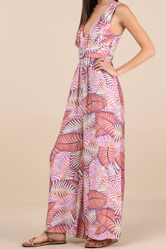 Emlyn Rose Pink Multi Leaf Print O-Ring Wide-Leg Jumpsuit