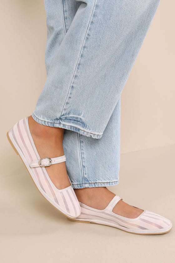 Tameka Bone Mesh Striped Buckle Ballet Flats